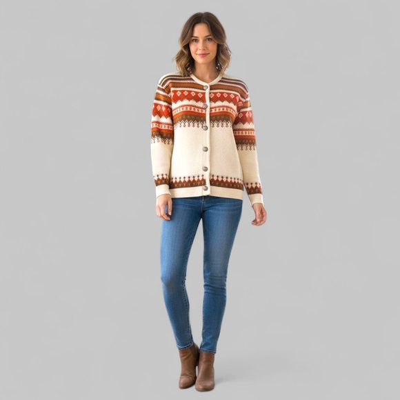 Vintage Nordic Fair Isle Wool Cardigan Sweater M L - Picture 1 of 5
